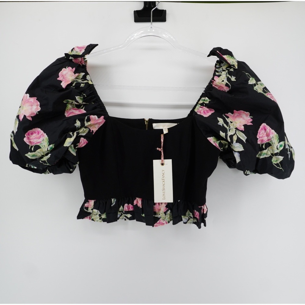 LoveShackFancy Spirit Crop Top Painted Mime Pink Rose Puff Sleeve Black S NEW